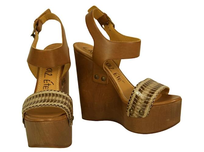 Lanvin – sandales compensées en cuir marron à talons hauts en bois, chaussures à plateforme 40  ref.1000292