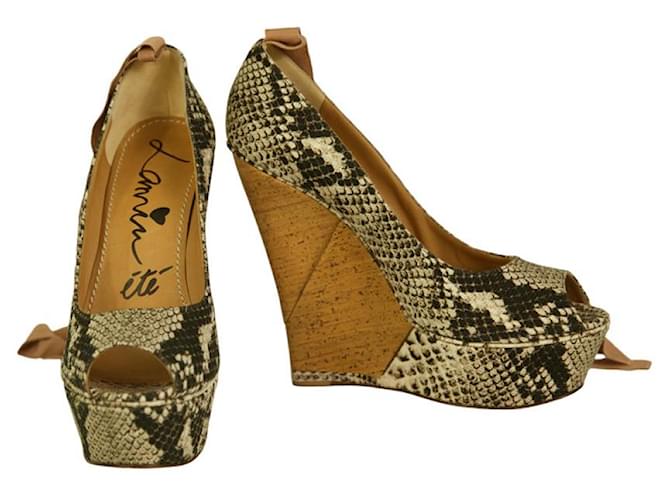 Lanvin Sake Pattern Canvas High Cork Heel Wedges Platform Peep Pumps Shoes 40 Brown Leather  ref.1000300