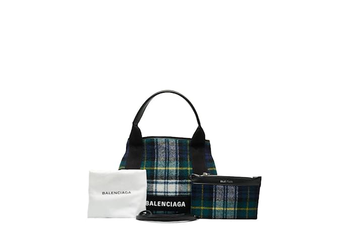 Balenciaga Karierte Cabas XS-Tasche aus Wolle in Marineblau 390346 Grün Leinwand  ref.1000756