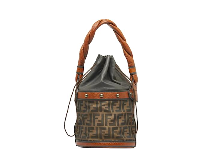 Fendi Zucca Canvas & Leather Palazzo Bucket Bag Bolsa de lona 8BR554 em boa condição Marrom  ref.1000786