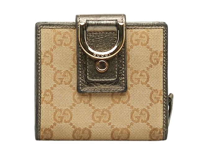 Gucci Portefeuille compact en toile avec anneau en D GG 154205 Marron  ref.1000823