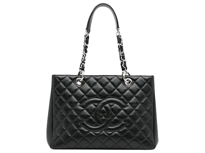 CHANEL Caviar Fabric Quilted Foldable Tote With Chain Black