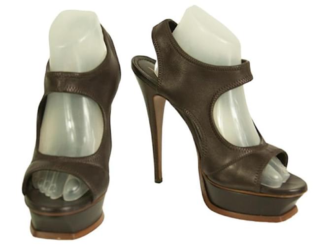 Yves Saint Laurent YSL Brown Stretch Leather Strappy Open Toe Sandal Heels 40 Dark brown  ref.1001222