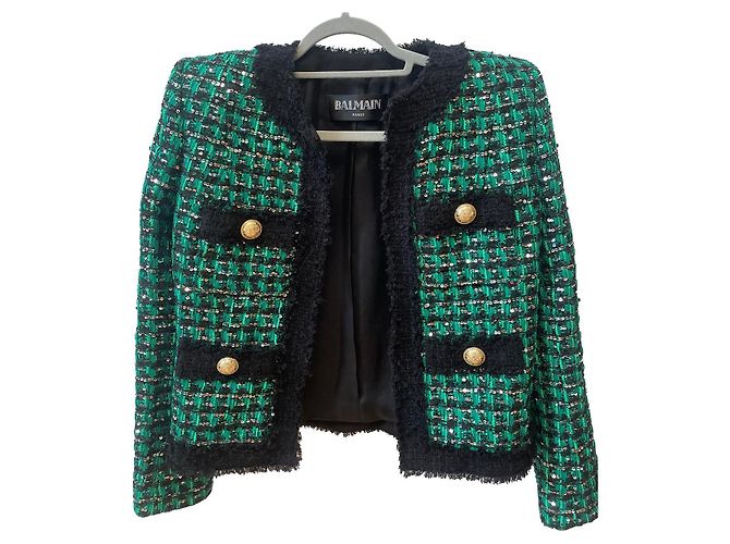 BALMAIN TWEED GREEN SEQUIN JACKET BLAZER FR 40