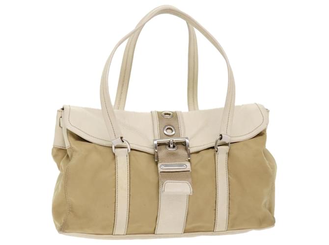 PRADA Hand Bag Nylon Leather Beige Auth ki3154  ref.1001730