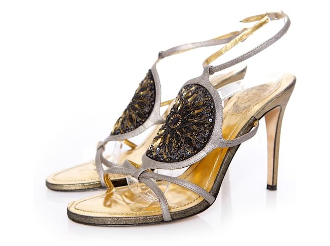 Rene Caovilla, Sequined sandals Golden Leather  ref.1001975