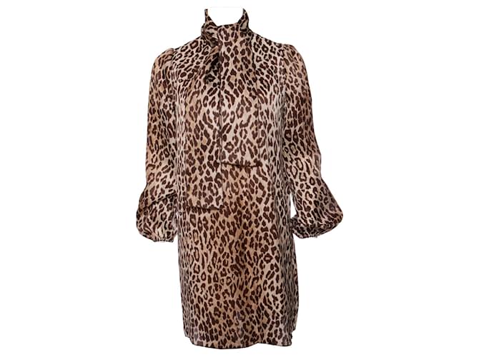 Dolce & Gabbana, Robe en soie imprimée léopard avec nœud en taille IT40/XS. Marron  ref.1001976