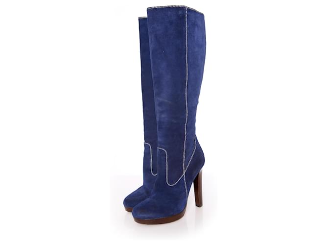 Dsquared2, Blue suede boot with wood lacquered platform in size 39.  ref.1001986
