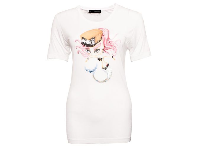 Dsquared2, T-shirt bianca con sirena ricamata. Bianco