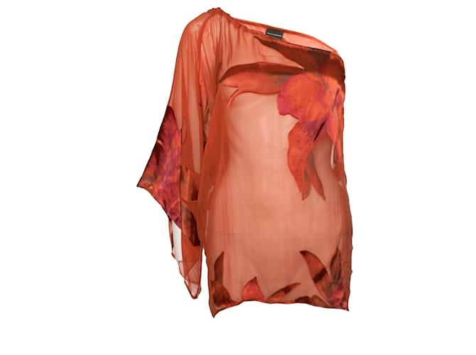 Autre Marque Atos Lombardini, chemisier en soie semi-transparente à imprimé fleurs rouge-orange avec une manche en taille IT40/XS.  ref.1002022