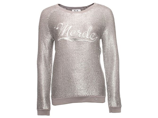 ZOE KARSSEN, Silberfarbener Pullover mit Text.