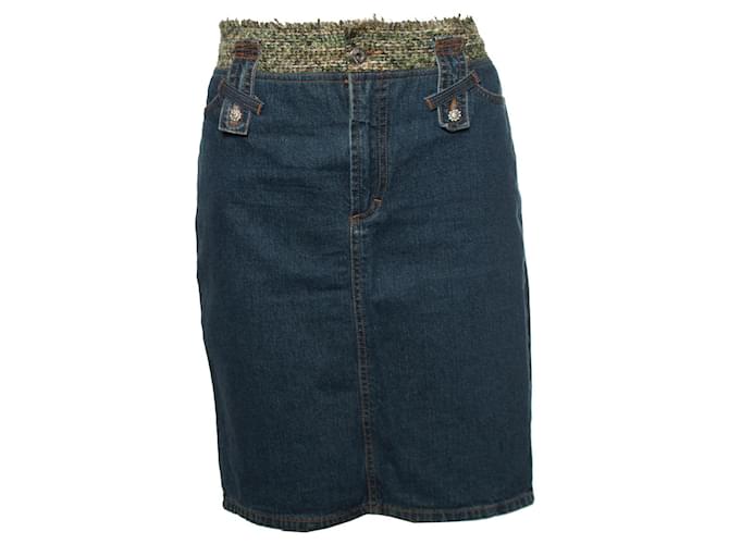 DOLCE & GABBANA, Middle blue denim skirt with green tweed around the waist in size IT44/M-L. Cotton  ref.1002027