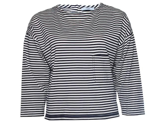Prada, Striped top with pocket White Blue Cotton  ref.1002089