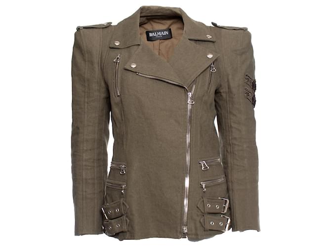 Balmain, Army green biker jacket Cotton  ref.1002112