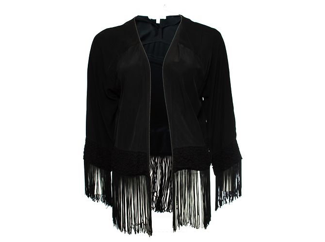 Autre Marque Les Petites…, schwarze halbtransparente Seidenjacke mit Fransen in Größe S.