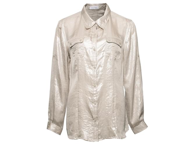 Calvin Klein, Metallic silver / beige blouse with 2 pockets on the chest in size M. Silvery Polyester  ref.1002123