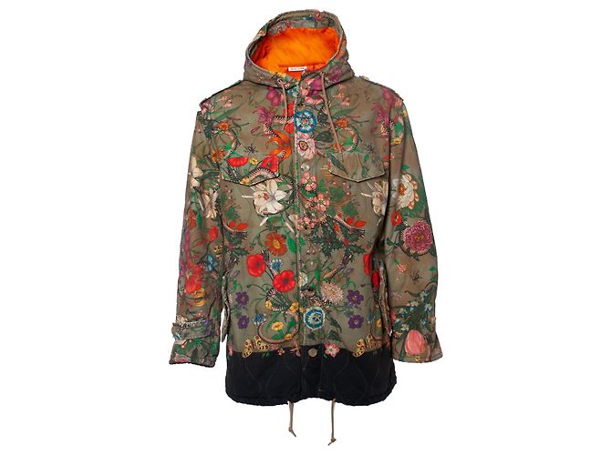 Gucci, Parka acolchoada com estampa de cobra Flora Verde