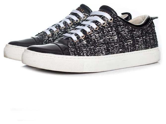 LANVIN, Baskets en tweed et lurex Cuir vernis Noir Blanc  ref.1002182