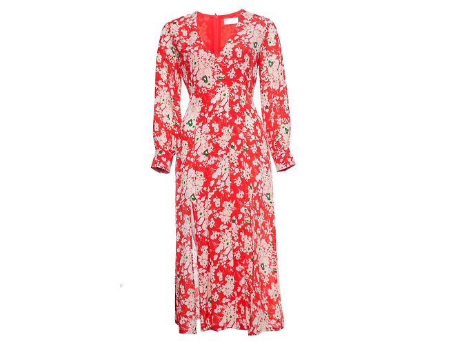 Autre Marque Rixo London, Maxi-Emma-Kleid mit rotem Blumenstrauß.