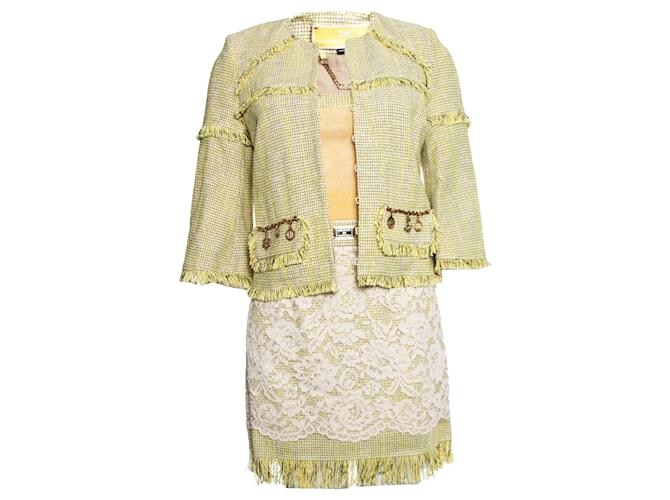 Elisabetta Franchi, Lime colored boucle suit Yellow Cotton  ref.1002303