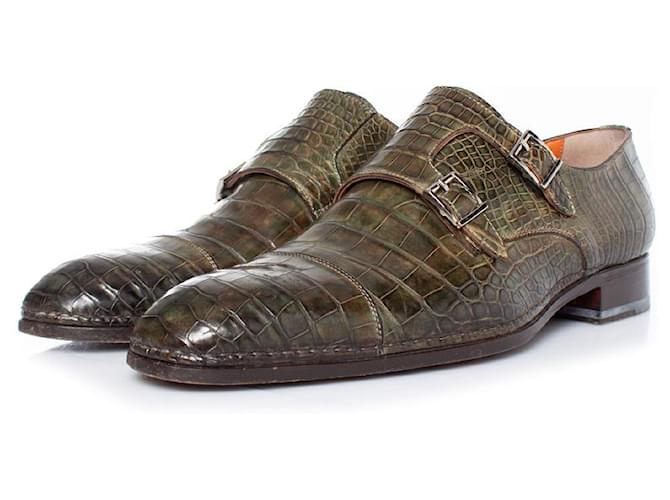 Santoni, shoes in olive green alligator leather  ref.1002342
