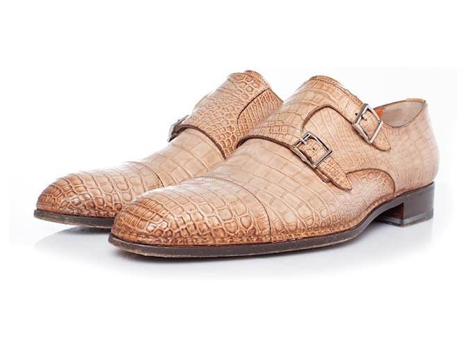 Santoni, zapato monje forrado con correa de piel de cocodrilo marrón Castaño Cuero  ref.1002348