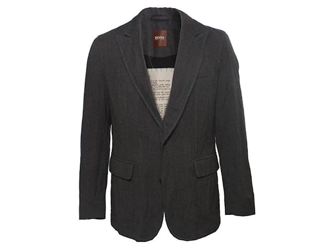 Hugo Boss, blazer grigio chiaro con cuciture azzurre in taglia 50. Lana  ref.1002419