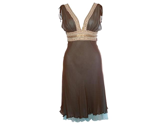 Autre Marque Zinas, brown/blue dress with decoration around the breast in size 2/M. Silk  ref.1002477