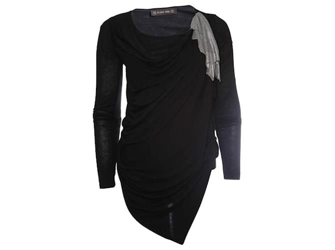 Plein Sud, black asymmetrical top with silver ornament on the left shoulder in size FR40/S. Cashmere Viscose  ref.1002478