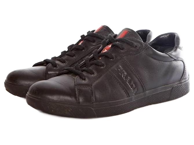 Prada, zapatillas negras con logo de Prada Negro Cuero  ref.1002480