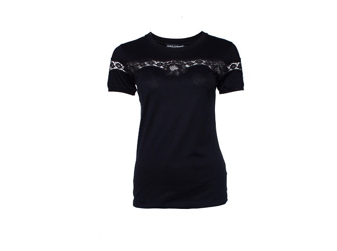 DOLCE & GABBANA, Camiseta negra con encaje. Negro