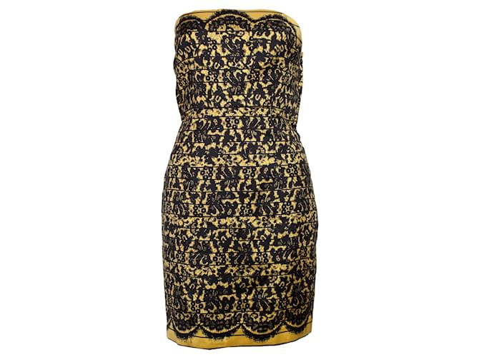 Tibi, Strapless dress with lace print Black Yellow Silk Wool  ref.1002496