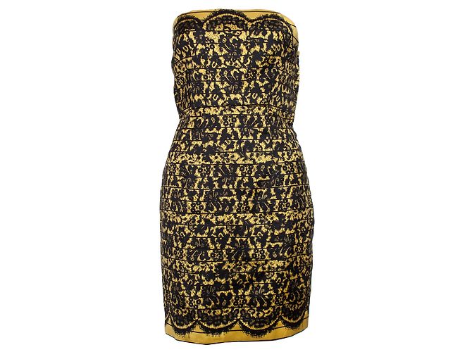 Tibi, Trägerloses Kleid mit Spitzenprint Schwarz Gelb