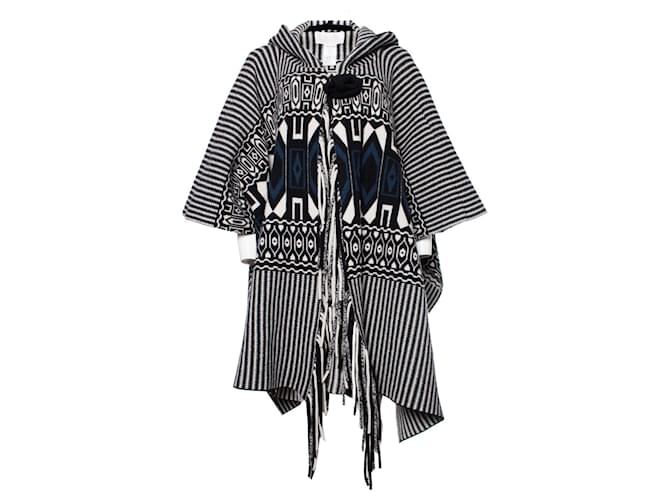 Chloé Chloe, Hooded poncho with ethnic print Blue Multiple colors Cashmere Wool  ref.1002538