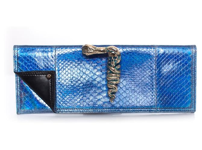 Autre Marque Maison Du Posh, Knuckle ring clutch in metallic-coated snakeskin. Blue Leather  ref.1002540