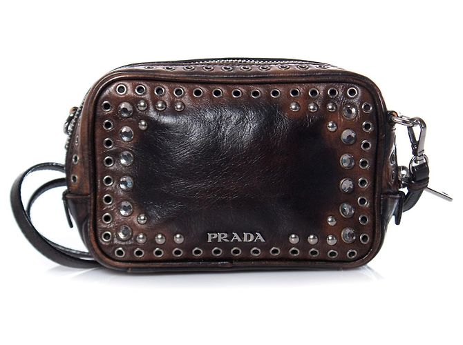 Prada, Vitello vintage embellished camera messenger bag. Brown