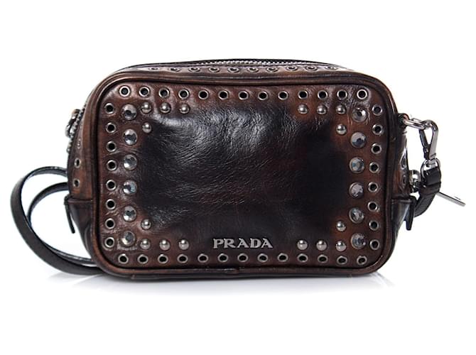 Prada, Vitello vintage embellished camera messenger bag. Brown Leather  ref.1002548