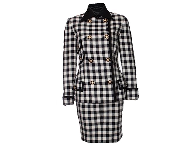Gianni Versace Couture, Military checkered coat and skirt Black White Wool  ref.1002582