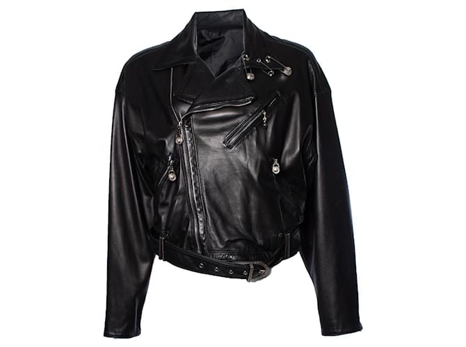Gianni Versace, Bikerjacke mit Sicherheitsnadeln Schwarz Leder  ref.1002667