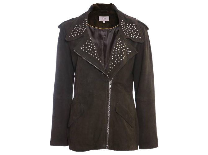 Autre Marque Ibana, olive green suede jacket with silver studs.