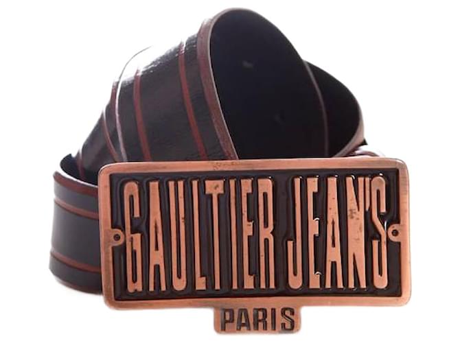 Jean Paul Gaultier Gaultier-Jeans, Schwarzer hochglänzender Ledergürtel mit bordeauxroten Größendetails 70. Lackleder  ref.1002716