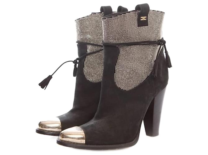 Elisabetta Franchi, black suede boots with stones and silver toe in size 36. Silvery Leather  ref.1002785
