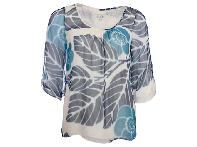 Autre Marque Tipi, semi-transparent top with blue flower/leaf print in size US4/XS. White Silk  ref.1002800
