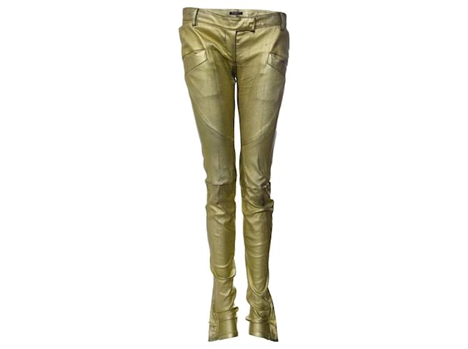 balmain, pantaloni biker in pelle color oro metallizzato. D'oro  ref.1002829