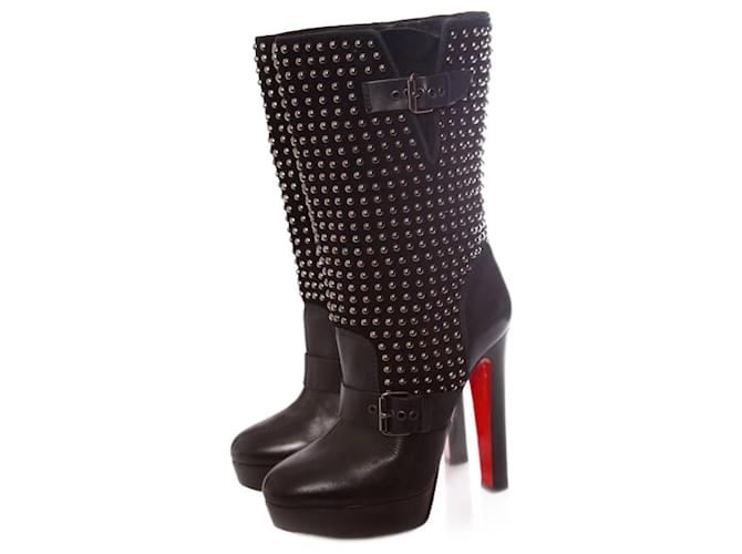 CHRISTIAN LOUBOUTIN, Black leather platform boots with silver studs in size 40.  ref.1002873
