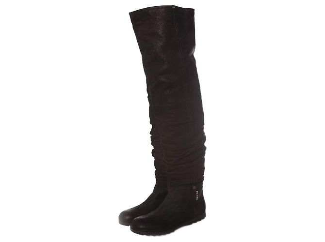 Prada, black long leather wrinkle boots.