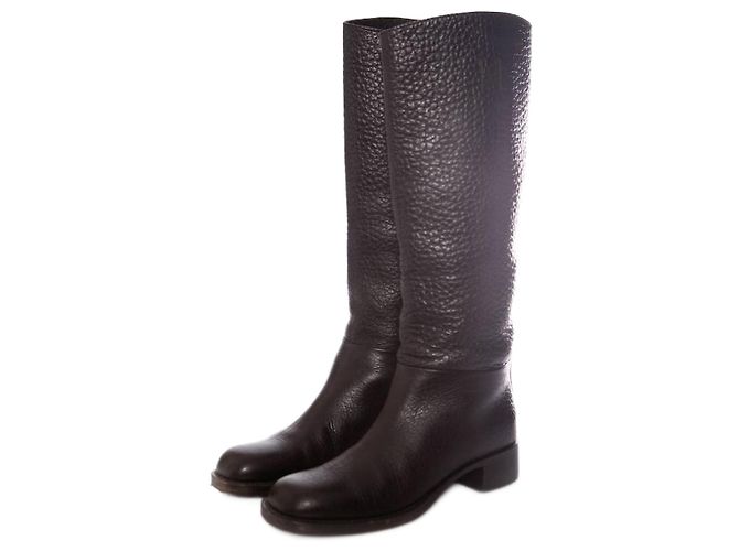Prada, BLACK GRAINED LEATHER BOOTS.