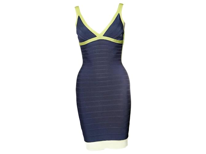 HERVE LEGER, blue bodycon dress with lime green framing in size S.  ref.1002889