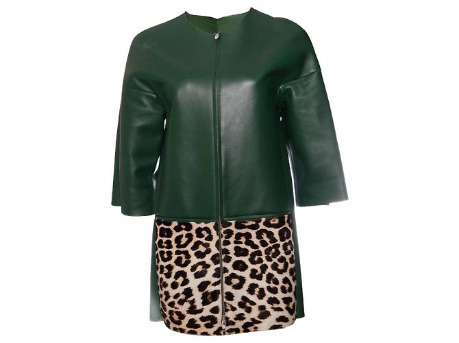 Céline Celine, Green leather jacket with leopard ponyskin