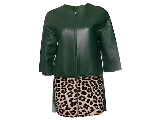 Céline Celine, Green leather jacket with leopard ponyskin  ref.1002890